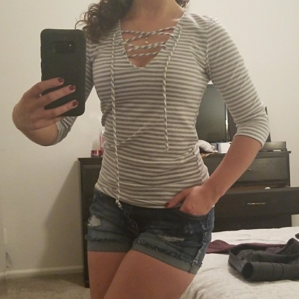 Lace up Ribbed Striped Tee